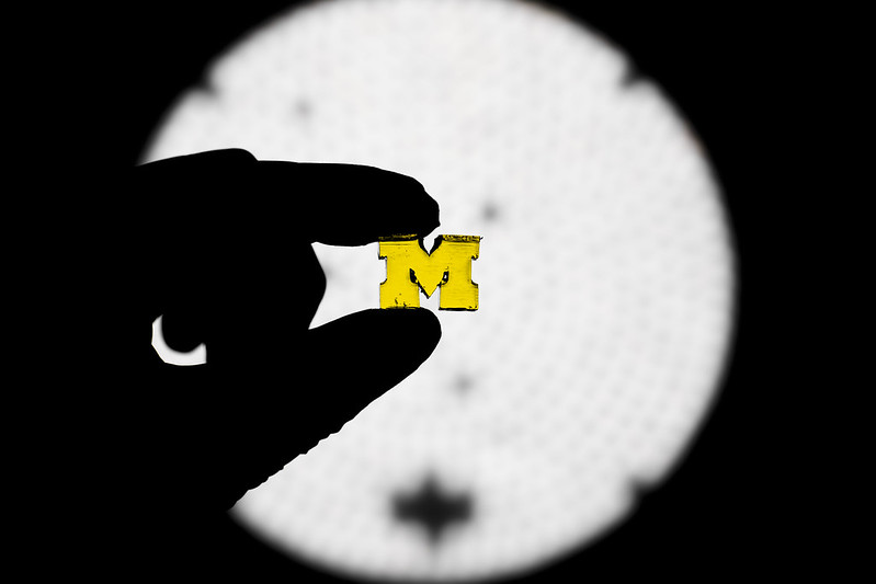 Two fingers holding a Michigan M in front of a light