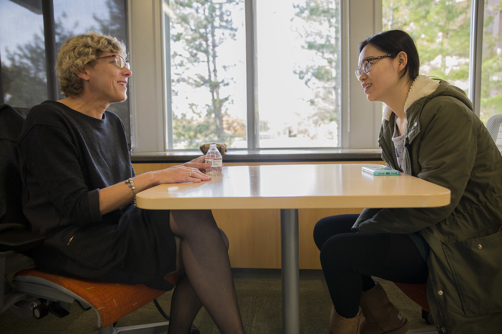 a student and mentor meet at a booth