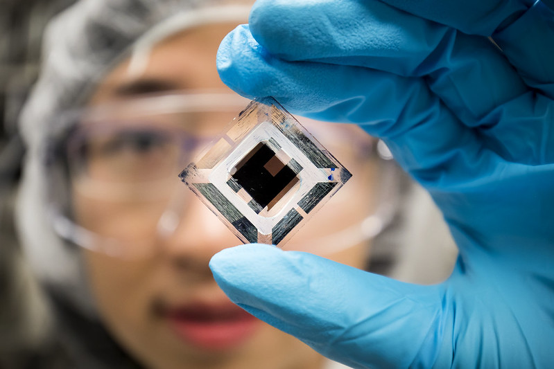 researcher looking at computer chip