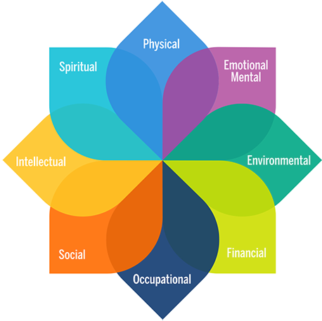 graphic representing eight interconnected parts of well-being as fins on a colorful pinwheel. The parts are: physical, emotional mental, environmental, financial, occupational, social, intellectual and spiritual occupational