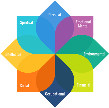 graphic representing eight interconnected parts of well-being as fins on a colorful pinwheel. The parts are: physical, emotional mental, environmental, financial, occupational, social, intellectual and spiritual occupational