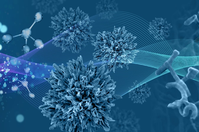 From the left, an array of dots becomes ball-and-stick molecular models. Next are electron microscope images of nanostructured particles and on the right, a lifelike network of filaments. A wavy surface traced out by a grid overlays the sequence of images.