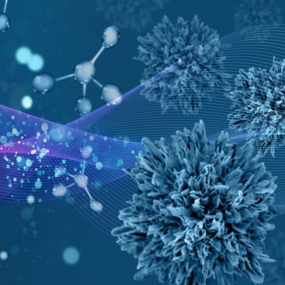 From the left, an array of dots becomes ball-and-stick molecular models. Next are electron microscope images of nanostructured particles and on the right, a lifelike network of filaments. A wavy surface traced out by a grid overlays the sequence of images.