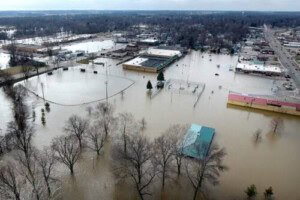 An aerial photo showing extreme flooding in a plaza