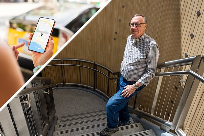 Composite image of a hand holding a cellphone and Stephen Forrest standing on a stairwell