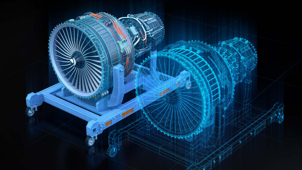 3D rendered wireframe rendering of turbojet engine and mirrored physical body on black background.