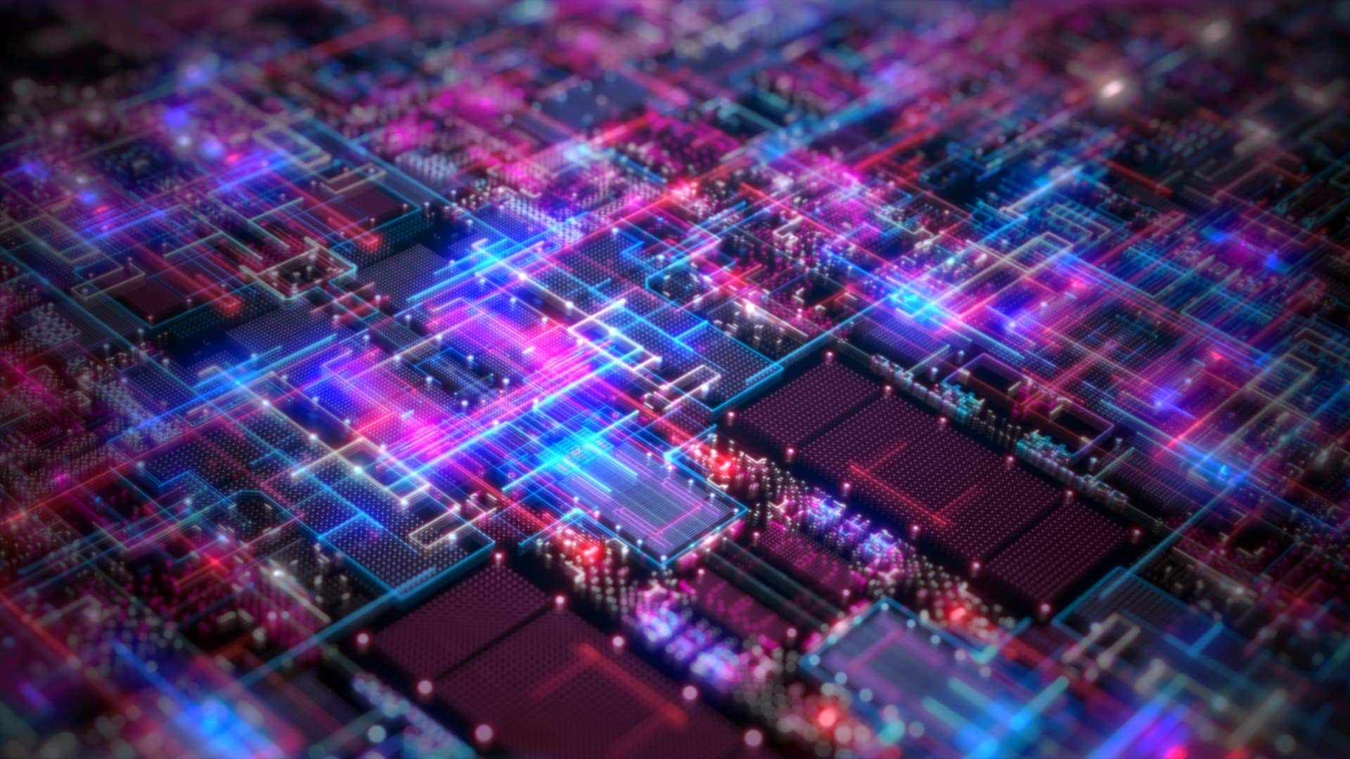 A computer rendering of computer internals, lit up by neon.