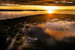 An aerial view of Beaver Island at sunset